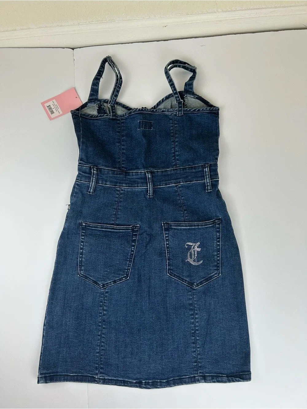 Juicy Couture Denim Dress S Blue Sweetheart Zip Front Bodycon Rhinestone NEW - Picture 7 of 9
